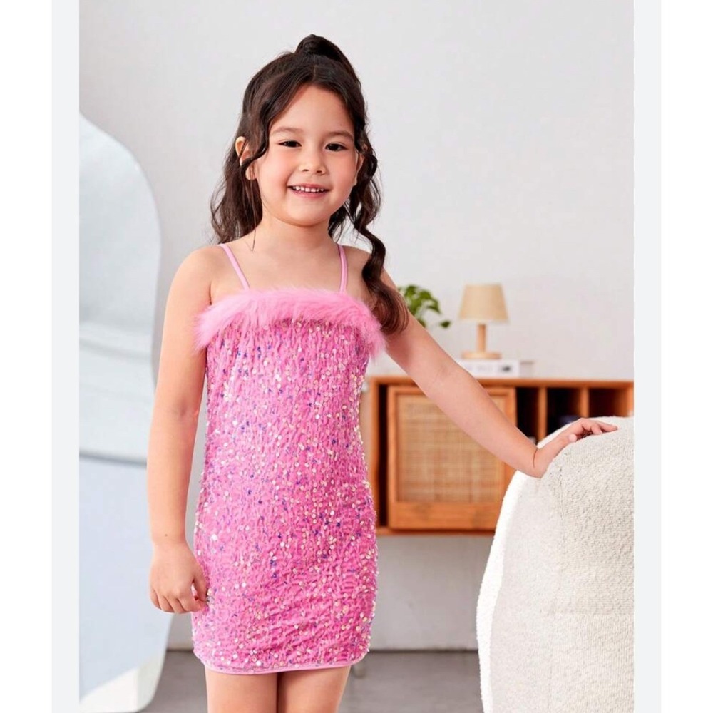 Shein Pink Sequin Feather Trim Dress Party Birthday‎ Special Occasion Size 10Y